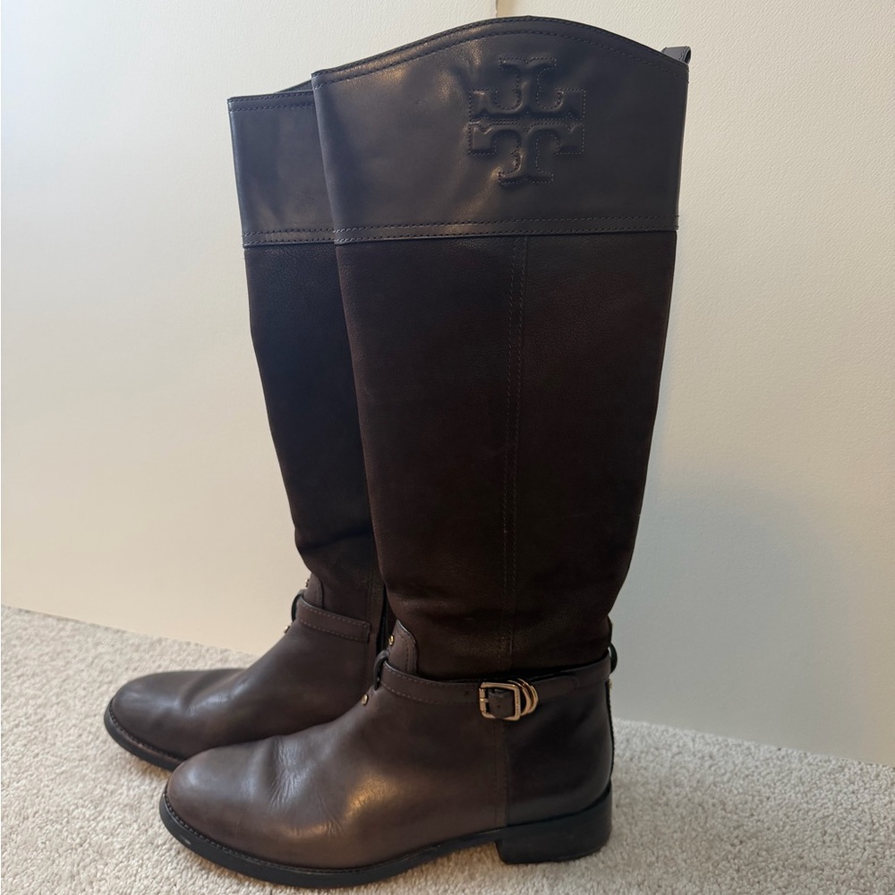 Tory Burch Dark Brown Leather & Suede Tall Riding Boots Size 9